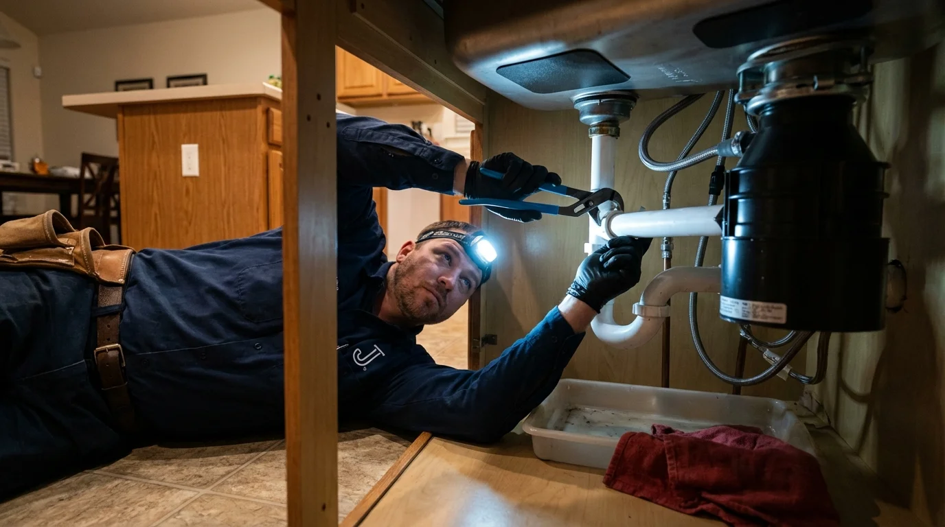 P-trap and supply line connections under a kitchen sink showing a common leak point in Verona, PA